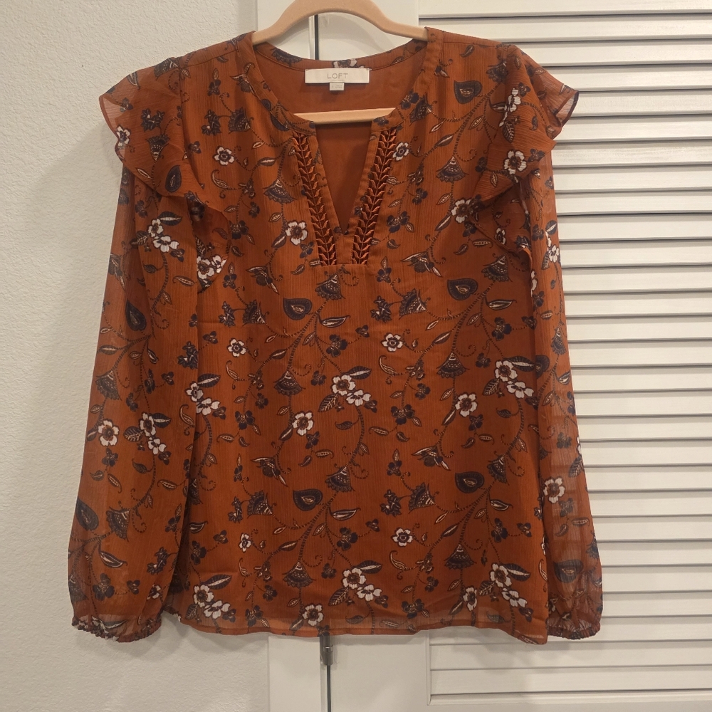 LOFT Fall Floral Split V-Neck Ruffle Blouse